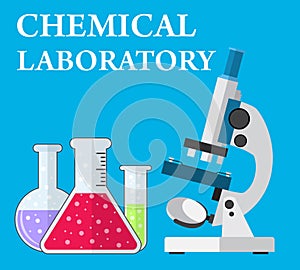 Laboratory microscope and test tubes with liquid