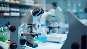 Close-Up View of Laboratory Microscopes in a Science Research Setting