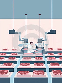 A laboratory with microscopes lined up across the counter examining the growth and development of labgrown meat.. AI