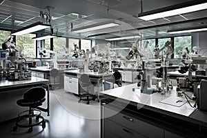 laboratory, with microscopes and other instruments visible, in sleek and modern setting