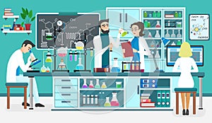 Laboratory people assistants working in scientific medical biological lab. Chemical experiments. Cartoon vector