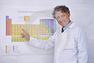 Laboratory, periodic table and portrait of scientist with research, teaching and smile in classroom. Science, education