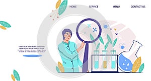 Laboratory research and new agricultural technologies website mockup, flat vector.