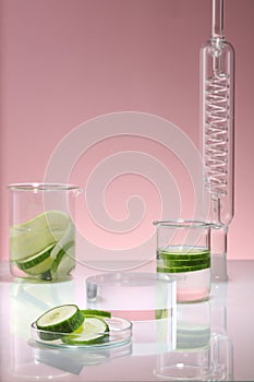 Laboratory scene with beakers, glass petri dish of Cucumber slices and a condenser