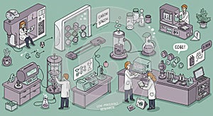 Laboratory scene featuring scientists engaging in various experiments. Equipment