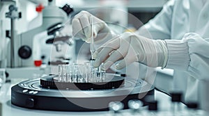 Laboratory scene with hands in medical gloves, emphasizing sterility and advanced technology photo