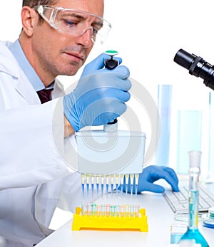 Laboratory scientist using a multi channel pipette