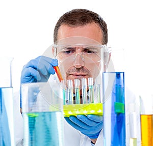 Laboratory scientist working at lab with test tubes