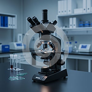 A laboratory setting features a modern, black microscope with multiple objective