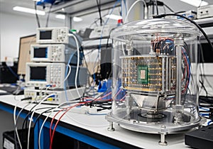 Laboratory setting features a transparent cylindrical chamber