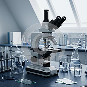 Laboratory setting featuring a light microscope with two eyepieces and multiple