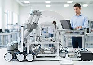 A laboratory setting with a focus on robotics and automation. A