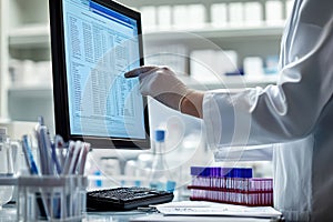A laboratory setting with a scientist analyzing data on a computer screen