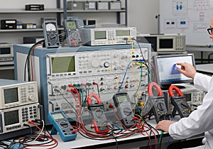 A laboratory setting with various electronic measuring instruments, including oscilloscopes,
