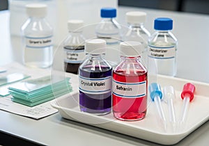 Laboratory setup with clear plastic bottles