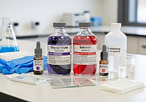 Laboratory setup featuring bottles of Crystal
