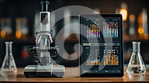 Laboratory Setup With Microscope and Tablet Displaying Data Analysis
