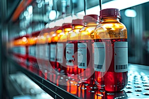 Laboratory shelf lined with glowing red specimens, depicting advanced scientific research or biotechnology studies photo
