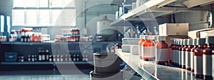 Laboratory shelves with bottles and scientific equipment photo