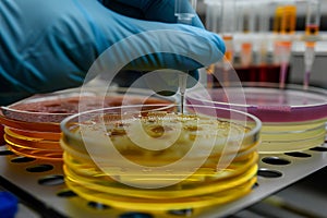 Laboratory technician performing microscopic bacterial culture analysis