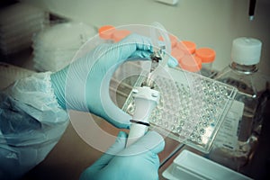 Laboratory technician working with multiwell pipette, soft focus