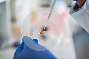 Laboratory technician working with test strips indicator paper