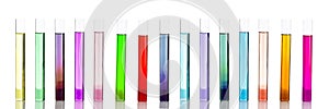 Laboratory test tube containing colorful liquids. Panoramic composition.
