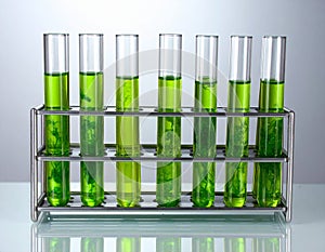 Laboratory Test Tubes Filled with Green Liquid in Rack