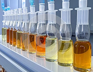 Laboratory Test Tubes Filled with Various Liquids in a Row