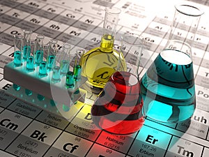 Laboratory test tubes and flasks with colored liquids on the per