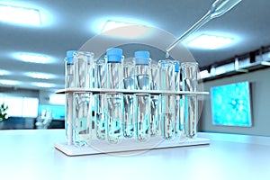 Laboratory test-tubes in modern bio research office - drink water quality test for bacteria concept, medical 3D illustration