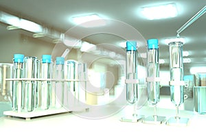 Laboratory test tubes in modern biochemistry study clinic - drinking water quality test for bacteria concept, medical 3D