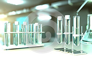 Laboratory test tubes in modern biotechnology research office - drinkable water quality test for bacteria concept, medical 3D