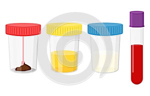 Laboratory tests. Test urine, feces, semen, and blood in plastic jars with colored lids