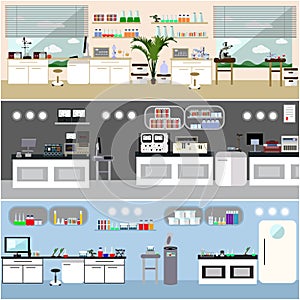 Laboratory vector illustration. Science lab interior. Biology, Physics and Chemistry education concept. Scientific