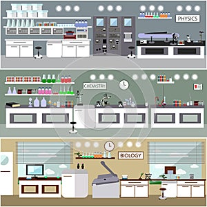 Laboratory vector illustration. Science lab interior. Biology, Physics and Chemistry education concept. Scientific