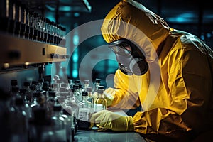 laboratory worker in a chemical protective suit at the workplace