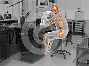 Laboratory worker with highlighted skeleton, conceptual 3D illustration