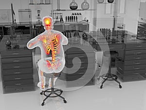 Laboratory worker with highlighted skeleton, conceptual 3D illustration