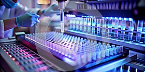 Laboratory worker using a pipette to transfer samples between trays.