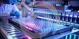 Laboratory worker using a pipette to transfer samples between trays.