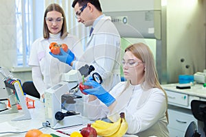 Laboratory workers examining fruits and vegetables and making analysis for pesticides and nitrates. photo