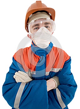 Laborer on the helmet and respirator
