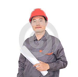 Laborer in red hard hat holding drawings in hand standing in front of white background