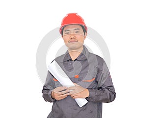 Laborer in red hard hat holding drawings in hand standing in front of white background