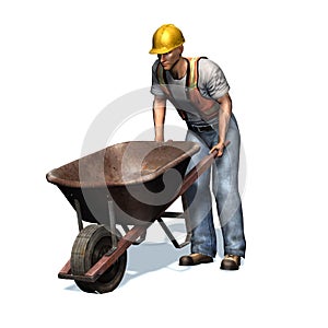 Laborer with wheelbarrow on white background