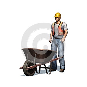 Laborer with wheelbarrow on white background