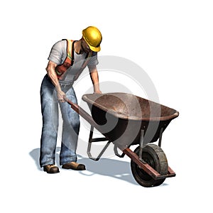 Laborer with wheelbarrow on white background