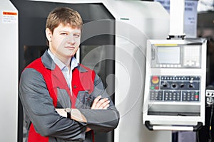 Laborer worker with machining tool center