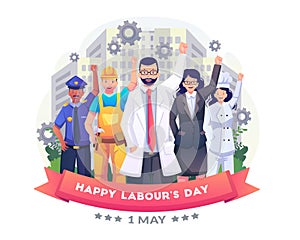 Laborers people in different professions are celebrating Labor Day by raising their hands together. Happy Labour Day 1st may